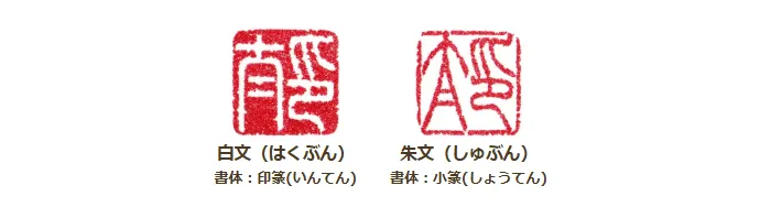 落款印の印影比較画像：左が白文(はくぶん、陰文)、右が朱文(しゅぶん、陽文)。書体は印篆(いんてん)と小篆(しょうてん)。